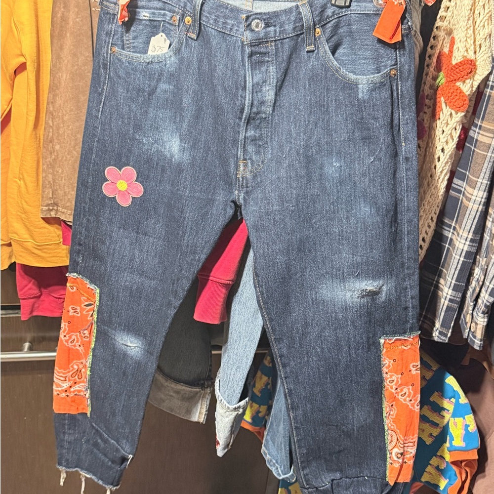 Upcycled Levi’s 501 Denim Jeans with Orange Accents